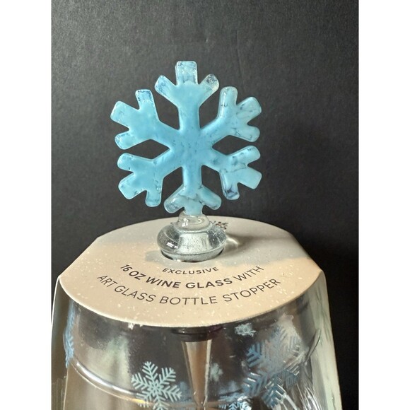 Stemless Wine Glass & Bottle Stopper NEW Blue Snowflake Art Glass "Let It Flow" - Picture 3 of 5